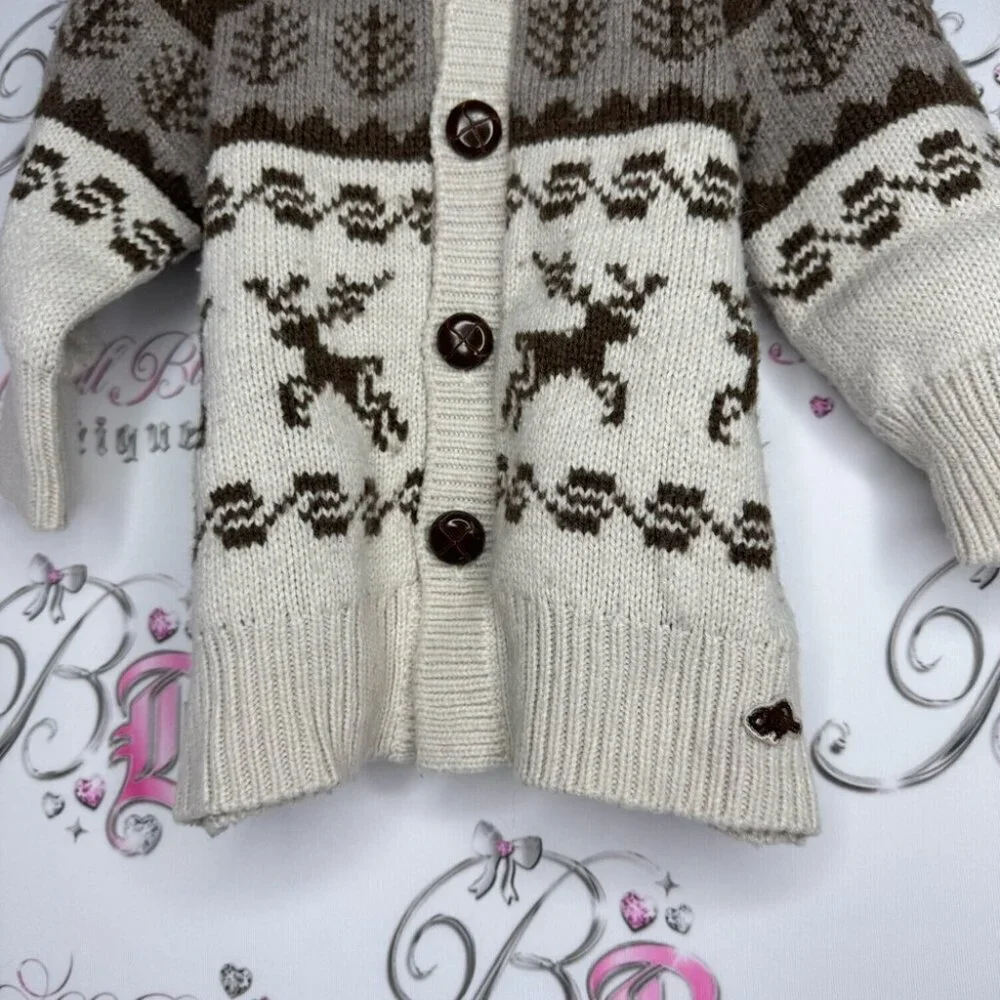 Roots outdoors sweater button up knitted fur trim hood kids unisex brown crochet